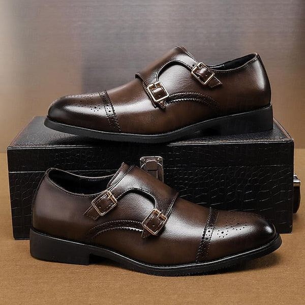 Double Men's Shoes Monk Strap Faux Brown with Dress Leather FashionChic