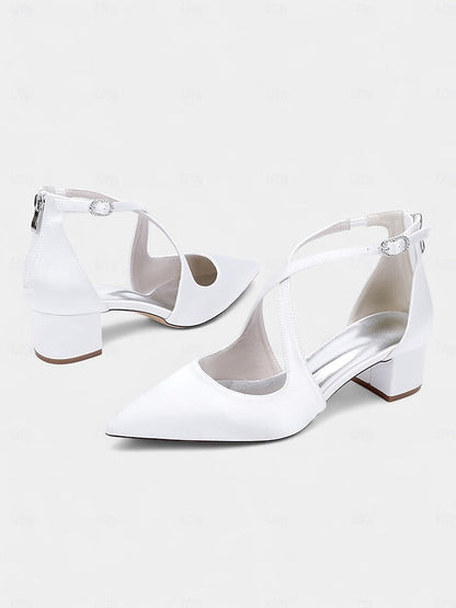 Satin - Block Pointed Toe Women's Heels Elegant Ivory FashionChic