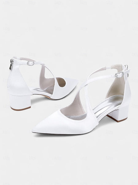 Women's Block Satin Pointed - Heels Ivory Elegant Toe FashionChic