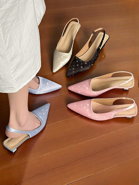 Satin Rhinestone Heels Women's with Kitten Studs Slingback FashionChic