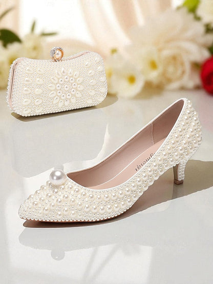 Heel Matching Kitten and Pearl-Embellished Pumps Women's FashionChic