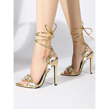 Heels Women's Stiletto with Green Metallic Lace-Up FashionChic