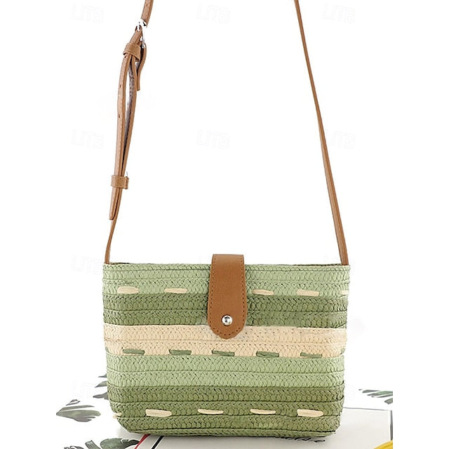 Woven with Women's Colorblock Straw Striped Brown Tote Bag FashionChic