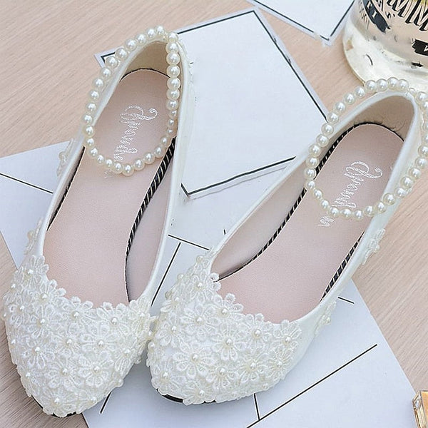 Lace Floral Women's White Wedding Pearl Heels – Decorated FashionChic