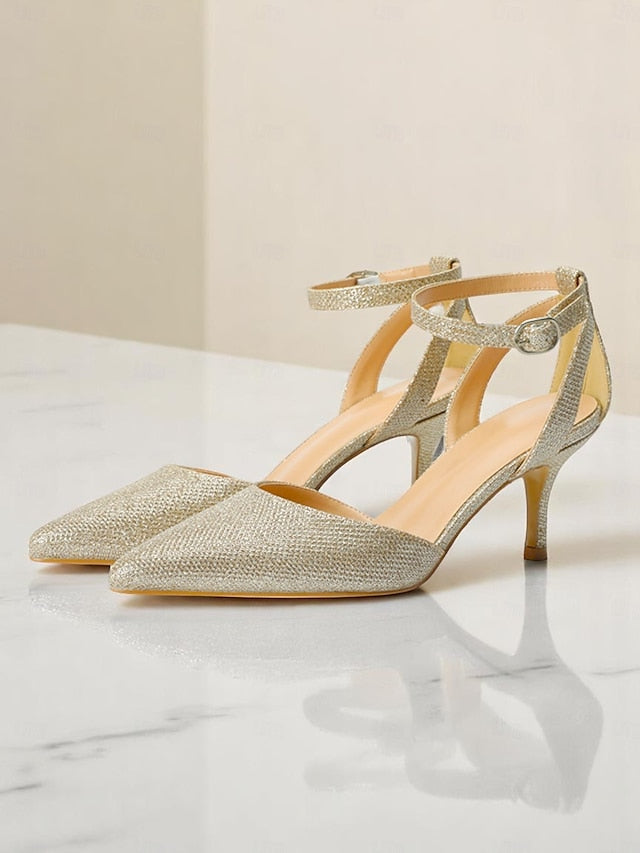 Gold Glitter Ankle Heels Strap Women's FashionChic
