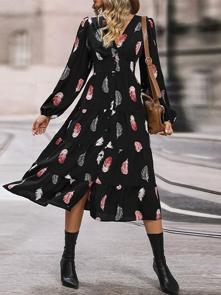 Women's Feather Print V Neck Midi Dress 3/4 Length Sleeve