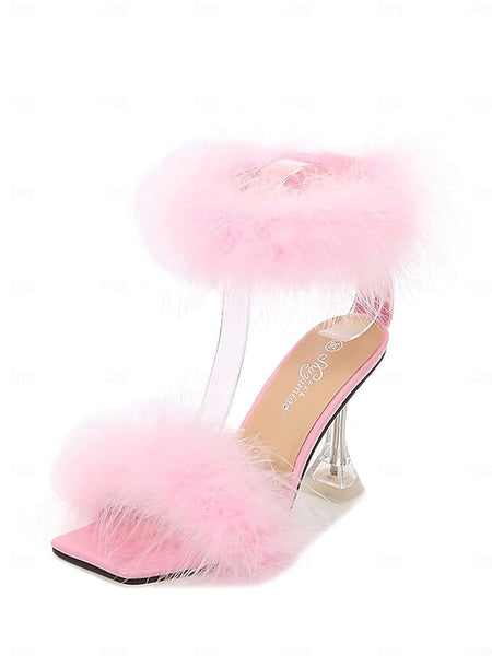 Clear Heel with Turquoise Sandals Feather-Embellished High FashionChic