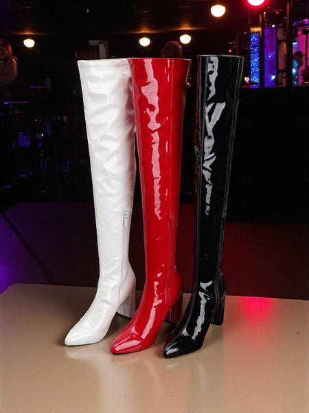 Boots Red Women's Knee Patent Leather Over the FashionChic