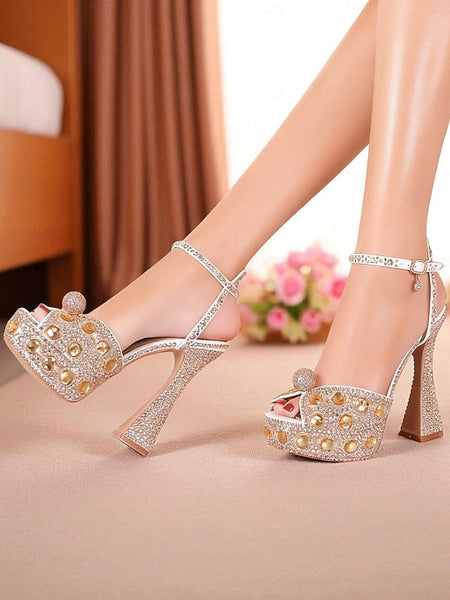with Heel Women's Matching Rhinestone Platform Sandals High FashionChic