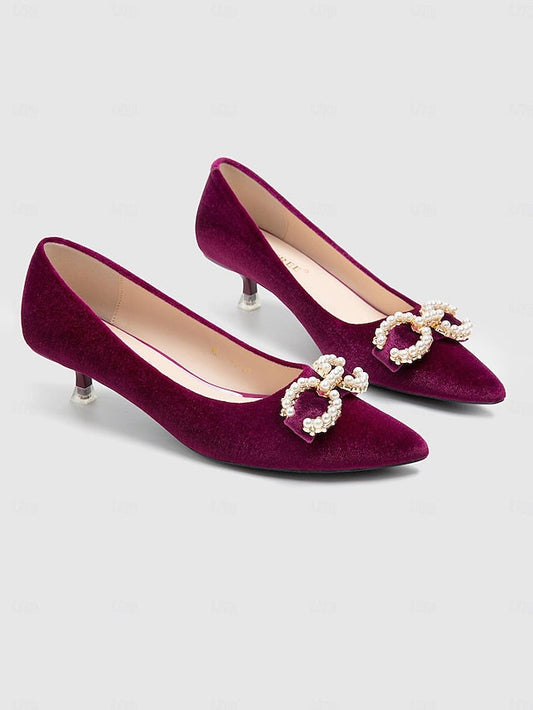 Heel Women's Pearl - Kitten Pumps with Bow Burgundy Velvet FashionChic