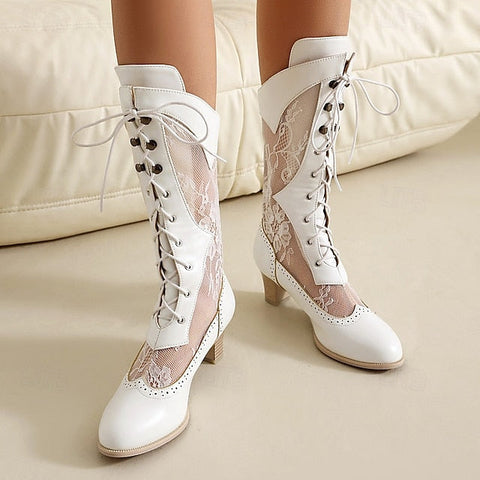 Lace Boots Women's Victorian-Style White Lace-Up with FashionChic