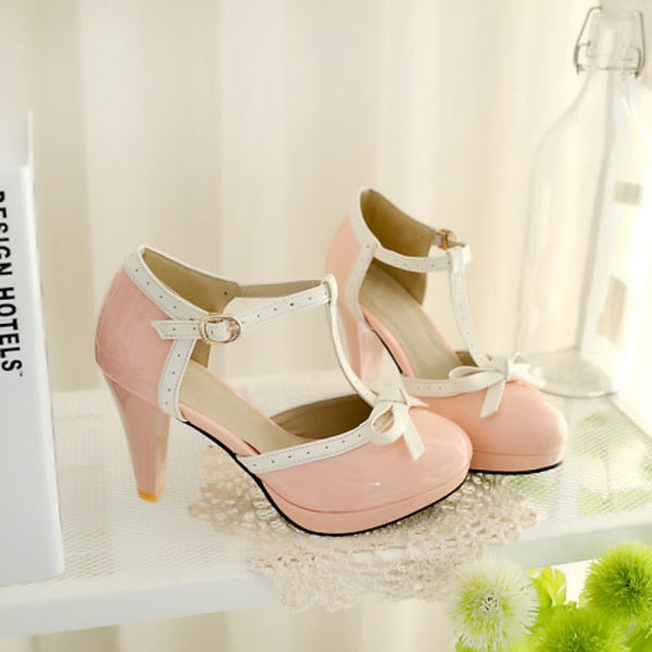 High T-Strap Patent Heels Women's Black White Leather with FashionChic