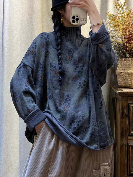 Women Vintage Flower Knitted Turtleneck Sweater AT1090 KDOY