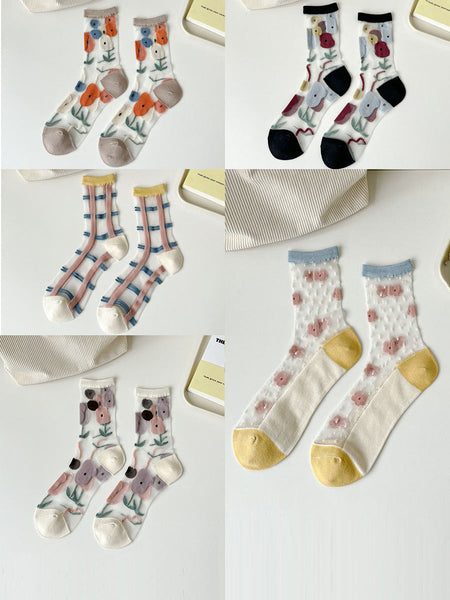 5 Pairs Women Artsy Summer Flower Jacquard Thin Socks CX040 BUYKUD