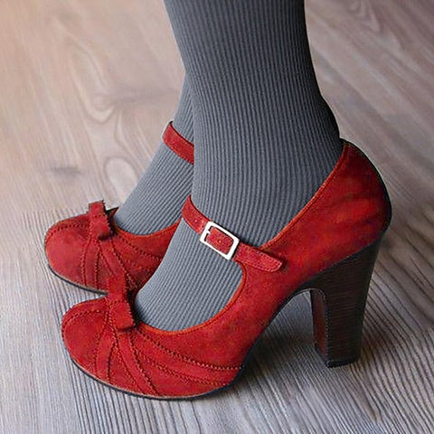 Suede and Heels Bow Jane with Mary Red Detail Black Women's FashionChic