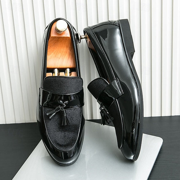– Men's Black Faux Tassel Loafers Leather Patent Velvet FashionChic