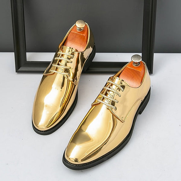 for Shiny Shoes Leather Men Sleek Gold – Patent Lace-Up FashionChic