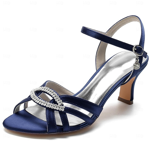 Dark Heels Strappy Rhinestone Blue Satin with Women's FashionChic