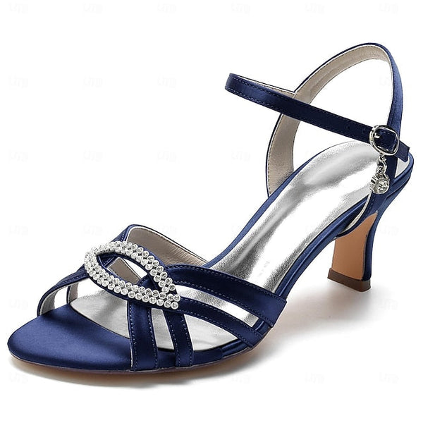 Women's Satin Dark Blue Heels Strappy with Rhinestone FashionChic