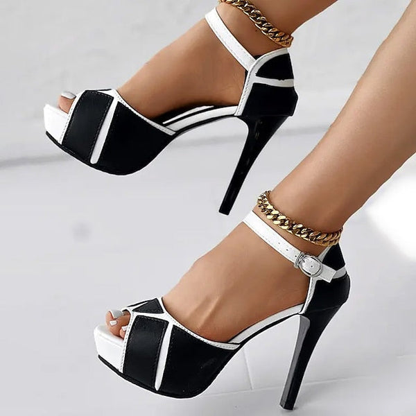 Women's Black Stiletto Platform with Sandals and White FashionChic