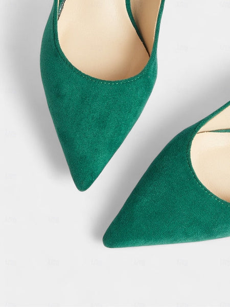 Suede with Women's Pointed-Toe Kitten Emerald Pumps Green FashionChic