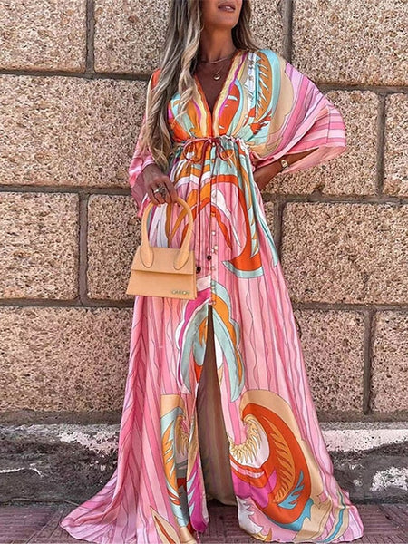 Women's Color Block V Neck Maxi Dress 3/4 Length Sleeve