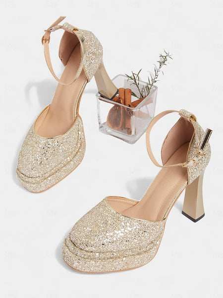 Women's Glitter High Gold Heels Platform FashionChic