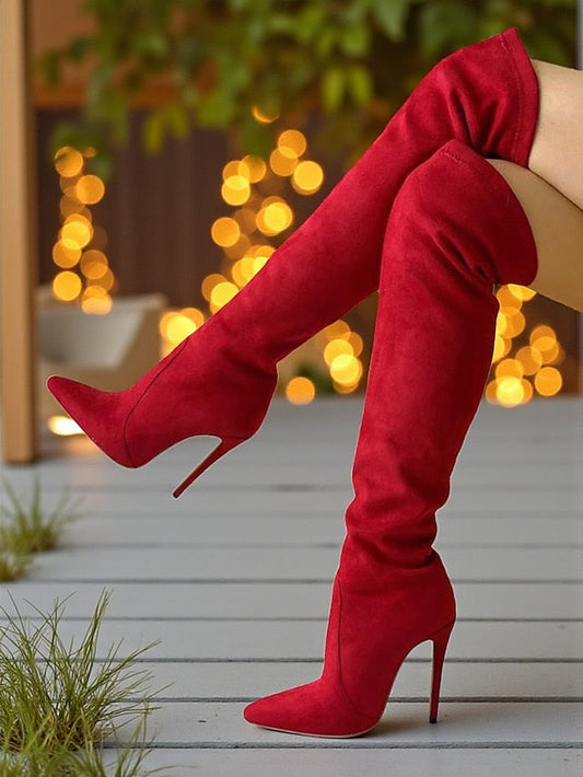 Boots Suede - Red Pointed Women's Toe Over-the-Knee FashionChic