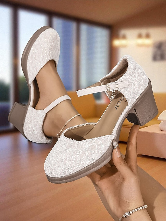 Jane Comfortable Mary Shoes Women's Low Lace Chunky - Heel FashionChic