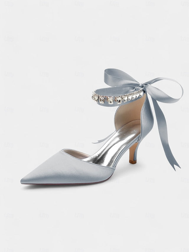 and Strap Blue Satin with Rhinestone Pointed-Kitten Ankle Heels FashionChic