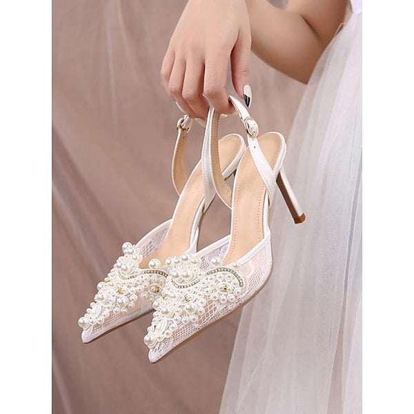 with White Kitten Slingback Pointed-Toe Pearl-Embellished Heel FashionChic