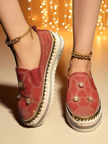 with Slip-On Rhinestone Red Women's Platform Sneakers Studs FashionChic