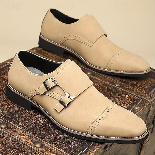 Monk Leather Faux Strap Men's with Double Shoes Beige FashionChic