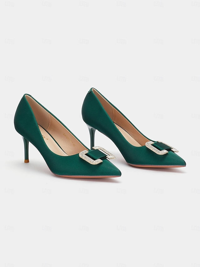 for Women: Satin Buckle Elegant Green with Rhinestone Pumps FashionChic