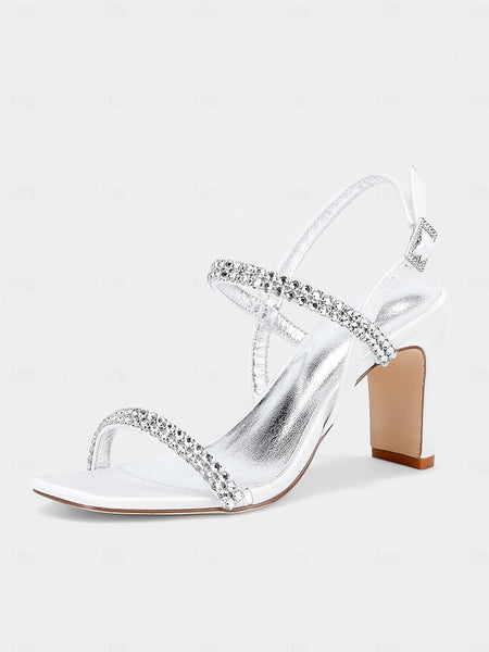 – Sandals Bridal White Women's Rhinestone Heel Block Prom FashionChic