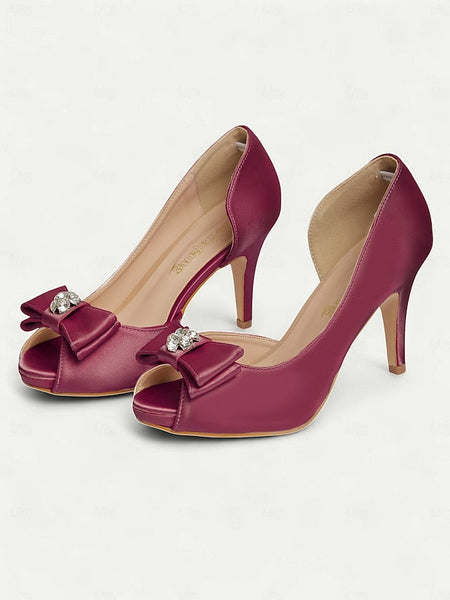 Peep Satin Heels Champagne with Toe and Women's Bow FashionChic