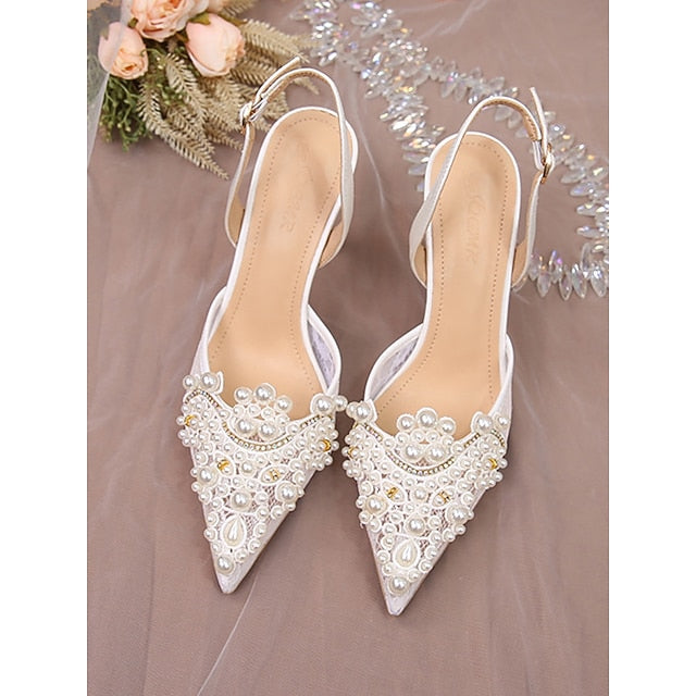 Pearl-Embellished with Slingback Kitten White Pointed-Toe Heel FashionChic