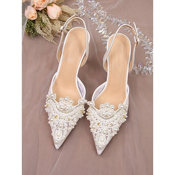 with White Kitten Slingback Pointed-Toe Pearl-Embellished Heel FashionChic