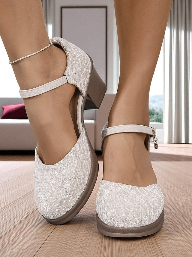 Jane Comfortable Mary Shoes Women's Low Lace Chunky - Heel FashionChic