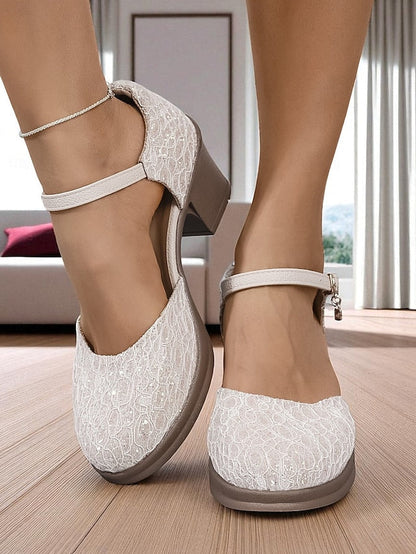 Jane Comfortable Mary Shoes Women's Low Lace Chunky - Heel FashionChic