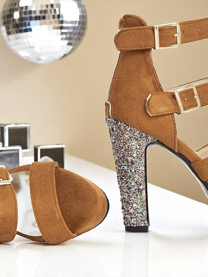 High Heel Platform Women's Suede Glitter Sandals Brown with FashionChic