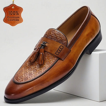– Leather Tan Vintage Men's Loafers Dress Tassel Slip-On FashionChic