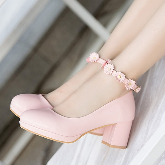 Girls' Daisy with Dress Flower Shoes Ankle Heel White Block FashionChic