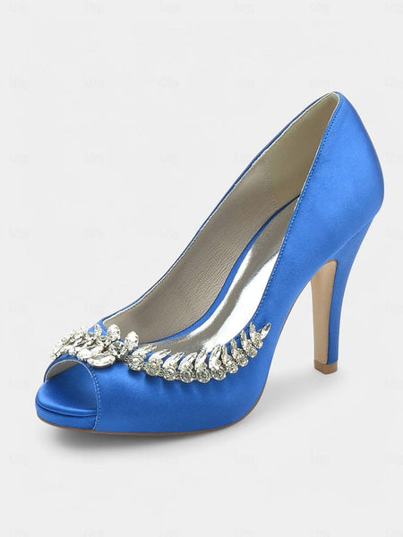Peep-Toe Luxury – Embellishment Satin Crystal Blue with Heels FashionChic