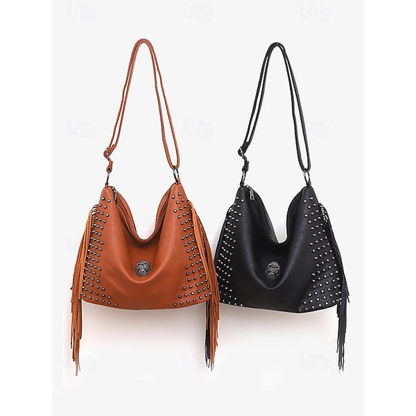 - Brown Leather Boho Studded Bag Women's Hobo Skull Fringe FashionChic