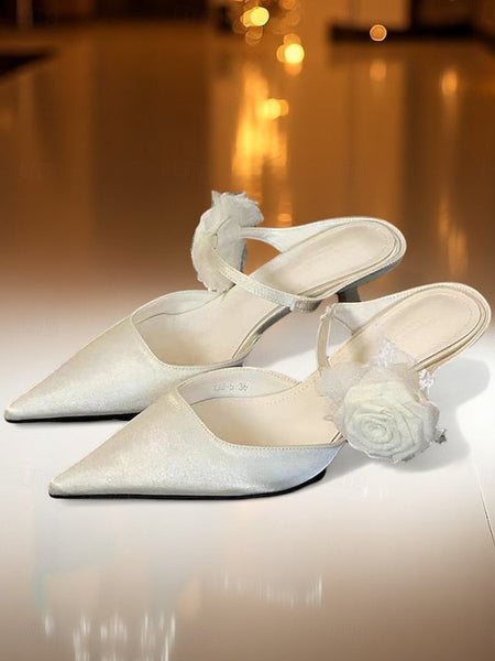 with Floral Women's Ankle Green Satin Toe Heels Pointed FashionChic