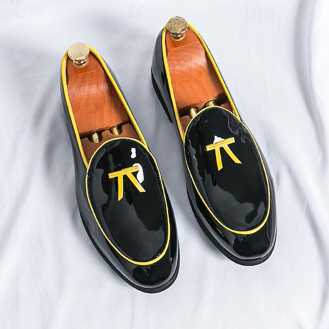with Leather Patent Yellow Black Faux Men's Loafers Trim FashionChic