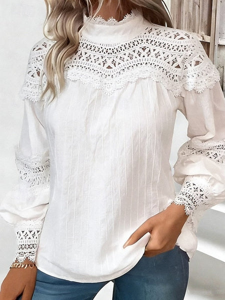 Women's Boho Shirt Lace Shirt Stylish Basic Long Sleeve FashionChic