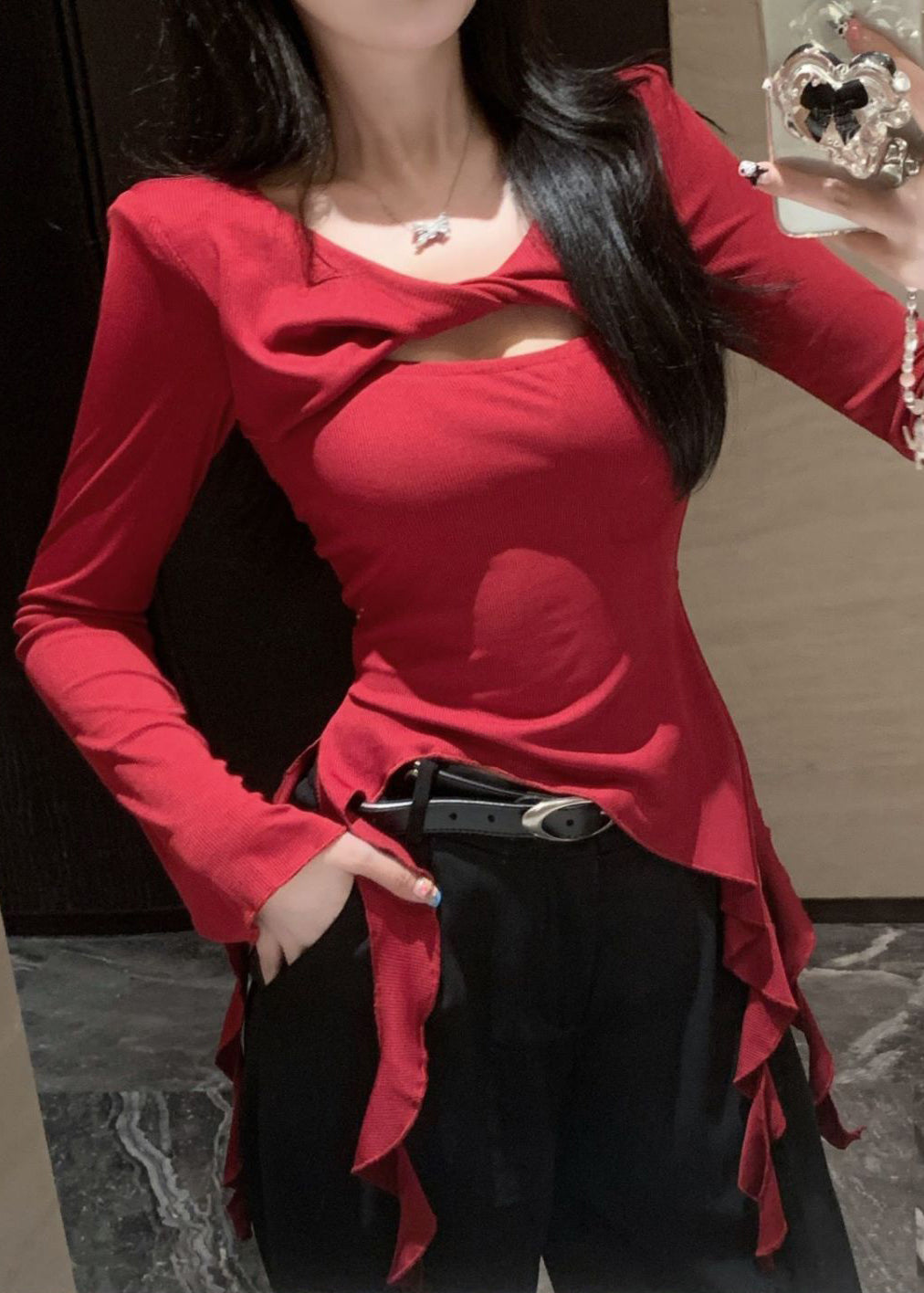 lim Fit Hollow Spring Cotton Shirt Red T Asymmetrical Out FashionChic