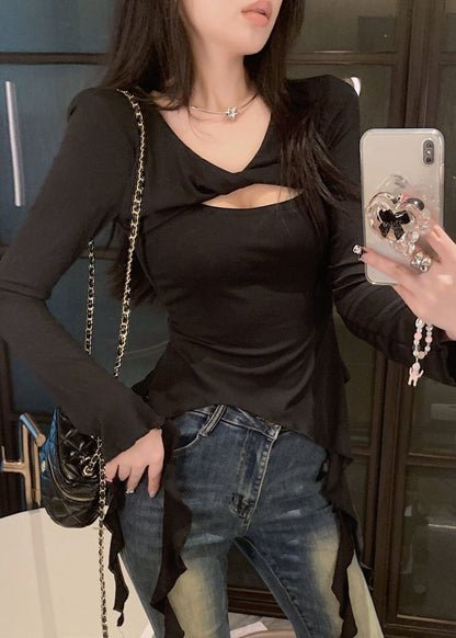 lim Fit Hollow Spring Cotton Shirt Red T Asymmetrical Out FashionChic